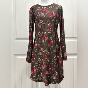 GAP Womens Satin Floral Long Sleeve Dress - Brown with Pink & Red Roses Size S